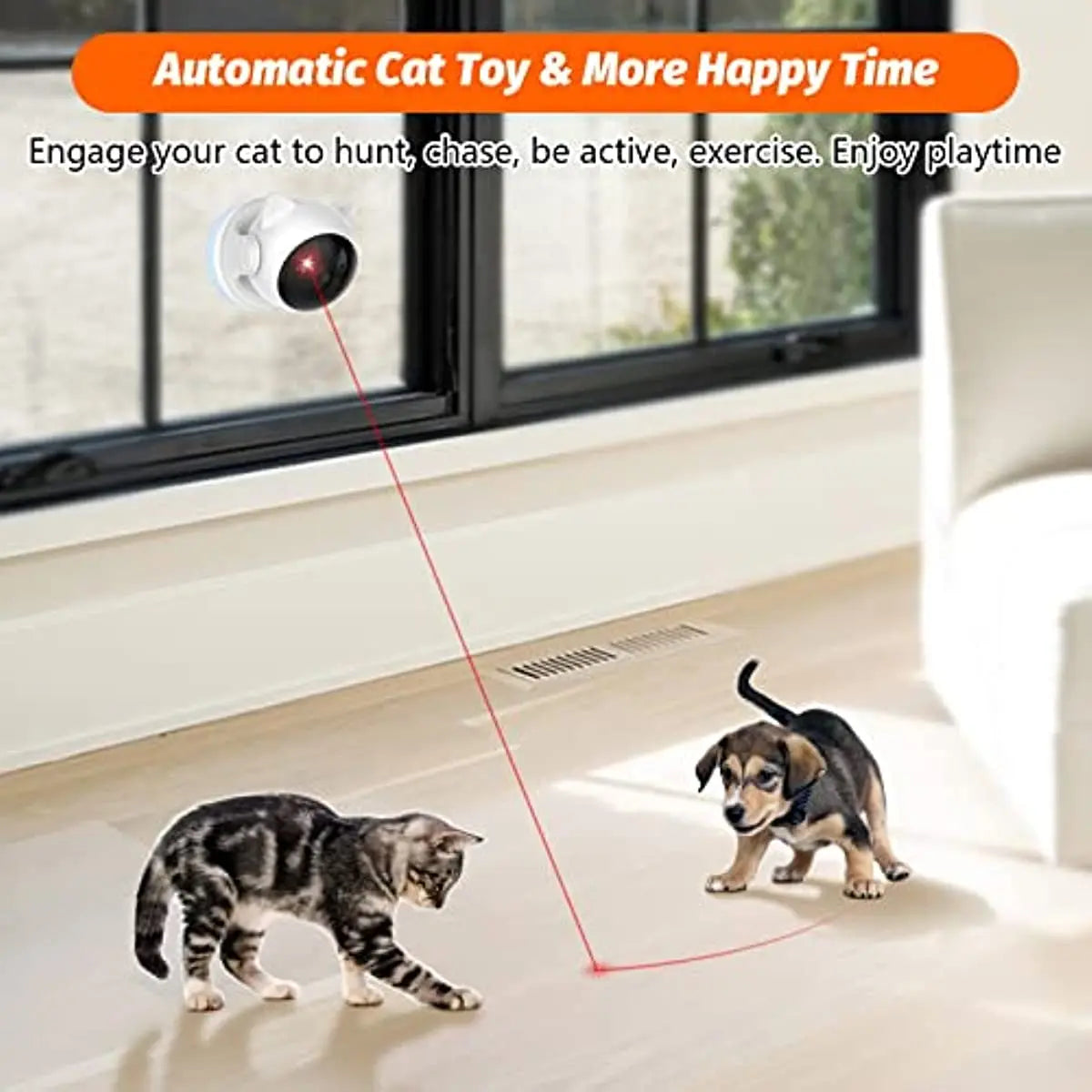 Automatic rechargeable interactive cat laser toy with 3 speeds, adjustable angles, and USB charging – ideal for cats and small dogs.