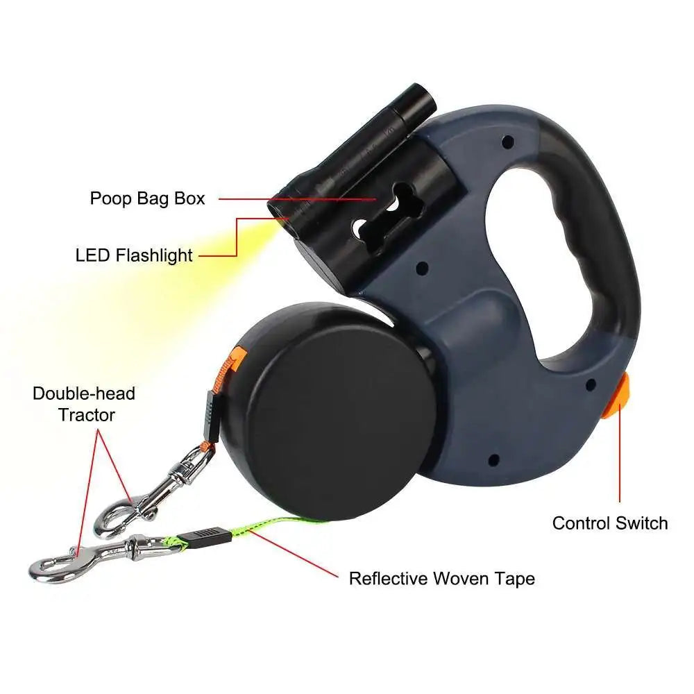 3M dual retractable dog leash with LED flashlight and built-in dog poop bags holder, ideal for walking two dogs with 360° tangle-free control.