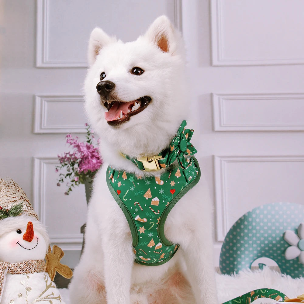 Christmas Dog Walking Set – Breathable Festive Harness, Collar & Leash