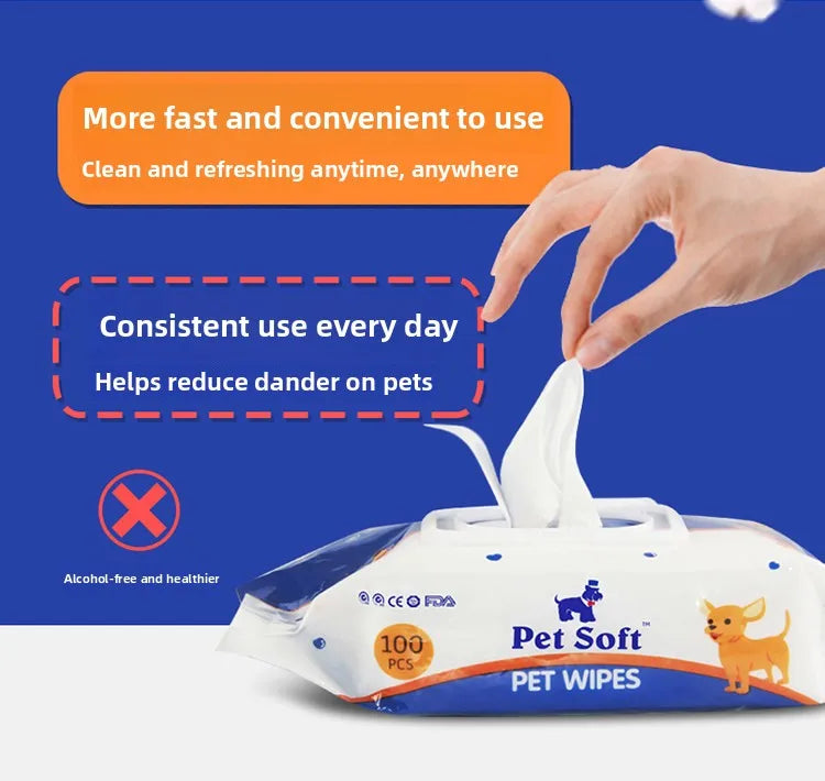 Pack of 100 pet wipes for dogs and cats, designed to gently clean bottoms, paws, and fur, with odor elimination and hypoallergenic formula.