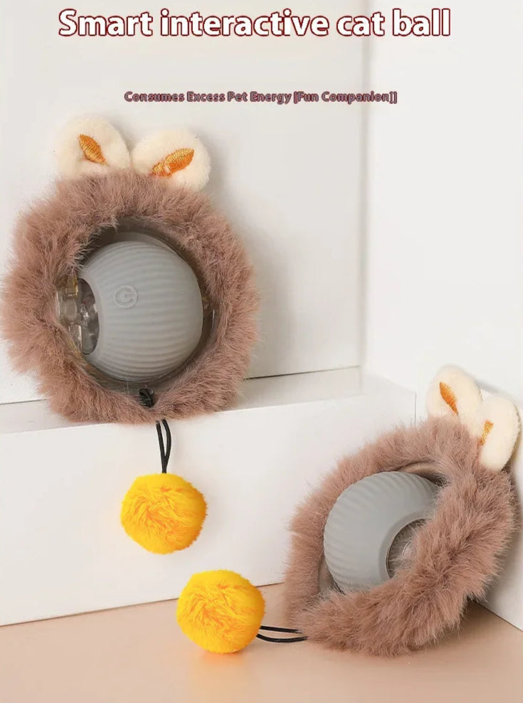 Rechargeable interactive rolling ball for cats and dogs with smart motion, quiet operation, and simulated tail for indoor pet play.