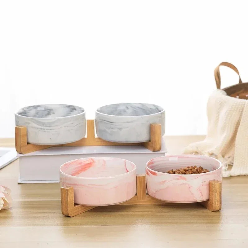 Ceramic Pet Bowl with Wooden Stand – Stylish, Non-Slip, & Easy to Clean