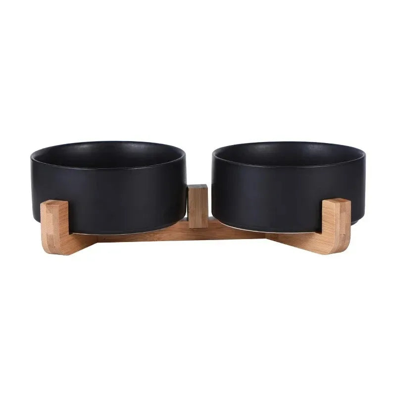 Ceramic Pet Bowl with Wooden Stand – Stylish, Non-Slip, & Easy to Clean