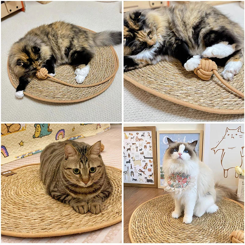 Round Rattan Cat Scratch Mat – Natural Woven Pad with Optional Teaser Ball