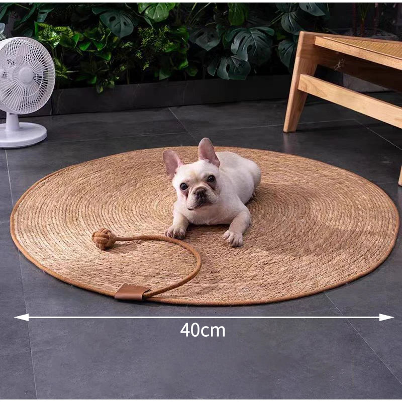 Round Rattan Cat Scratch Mat – Natural Woven Pad with Optional Teaser Ball