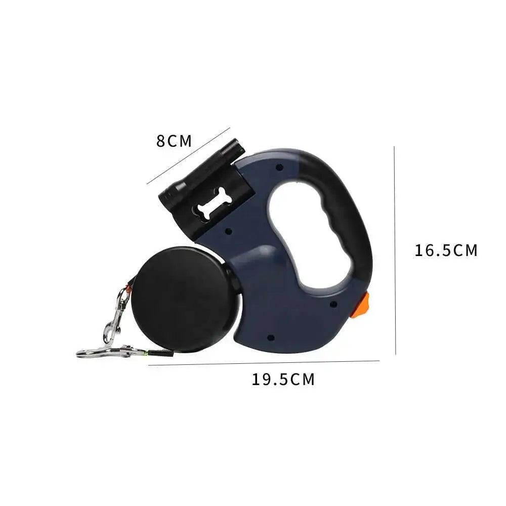 3M dual retractable dog leash with LED flashlight and built-in dog poop bags holder, ideal for walking two dogs with 360° tangle-free control.