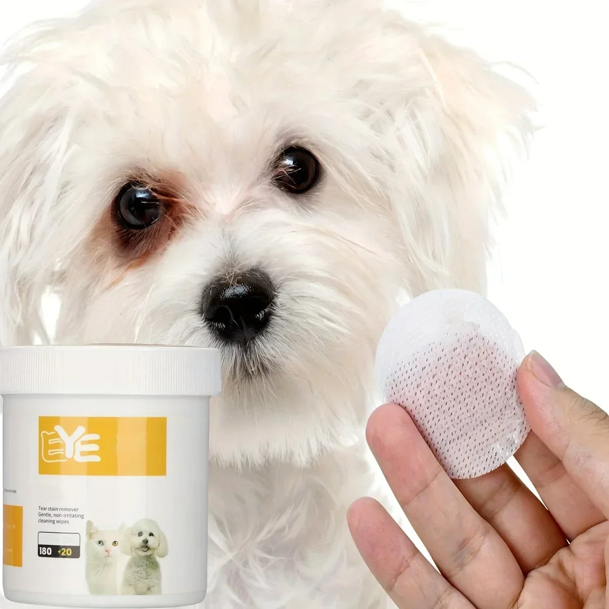 200pcs pet eye cleaning wipes in a resealable pack, designed to gently clean tear stains and eye discharge for dogs, cats, and puppies.