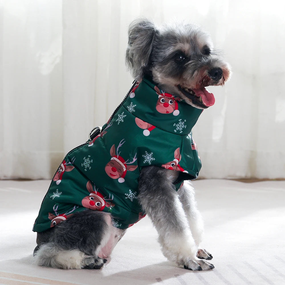 Christmas Dog Jacket with Zipper & D-Ring – Warm, Windproof & Stylish