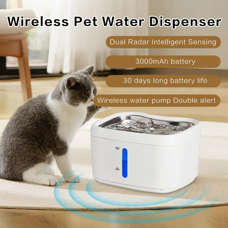 2.5L Wireless Pet Water Fountain with Dual Sensor and Long-Lasting Battery