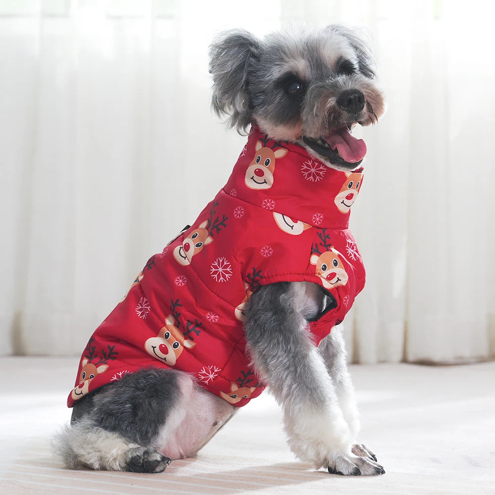 Christmas Dog Jacket with Zipper & D-Ring – Warm, Windproof & Stylish