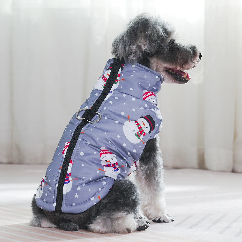 Christmas Dog Jacket with Zipper & D-Ring – Warm, Windproof & Stylish