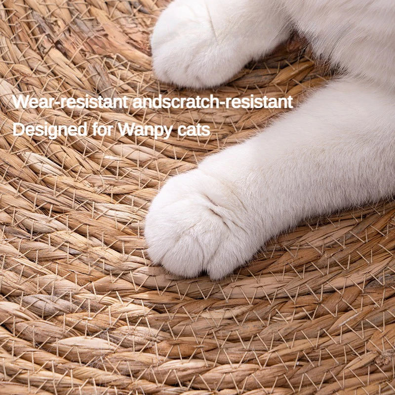 Round Rattan Cat Scratch Mat – Natural Woven Pad with Optional Teaser Ball