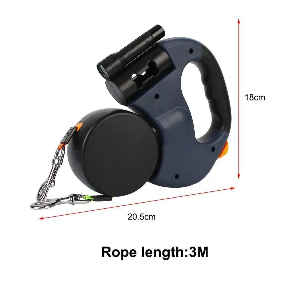 3M Dual Retractable Dog Leash with LED Flashlight & Waste Bag Holder – 360° Tangle-Free Control