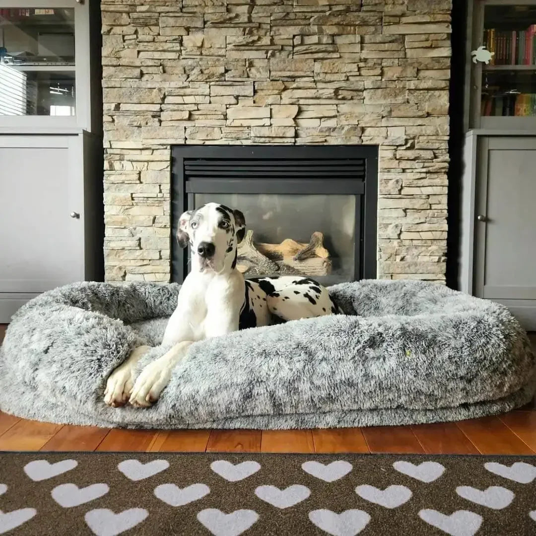 Super Large Plush Dog Sofa Bed in gray color with waterproof, washable cover and raised sides, perfect for large dogs lounging comfortably.
