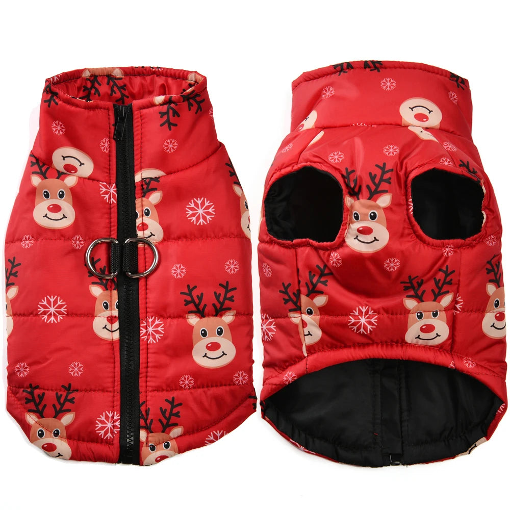 Christmas Dog Jacket with Zipper & D-Ring – Warm, Windproof & Stylish