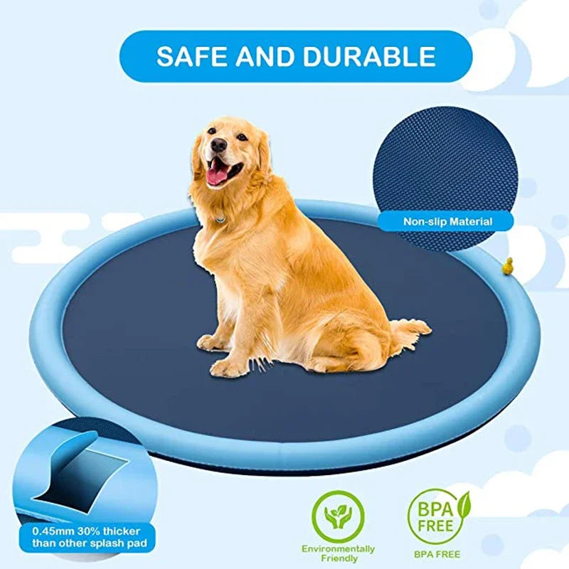 Golden retriever playing on an inflatable doggy splash pad in a backyard