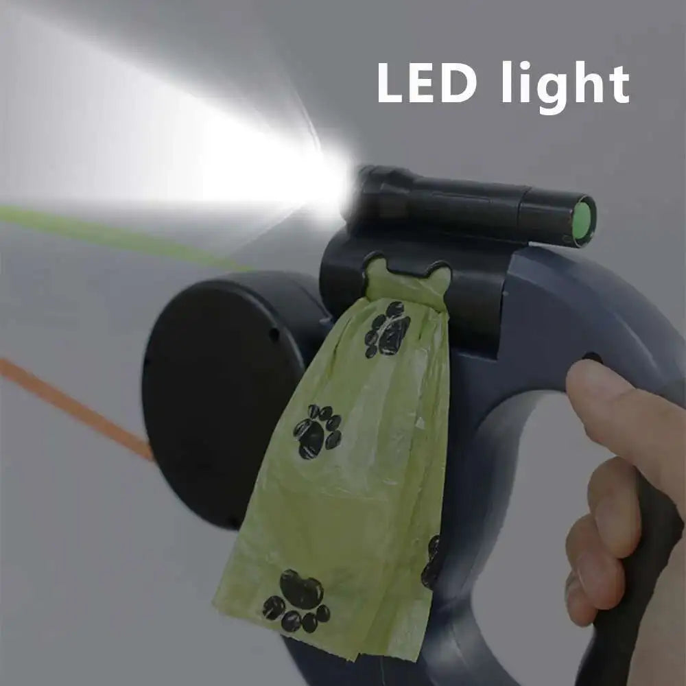 3M dual retractable dog leash with LED flashlight and built-in dog poop bags holder, ideal for walking two dogs with 360° tangle-free control.