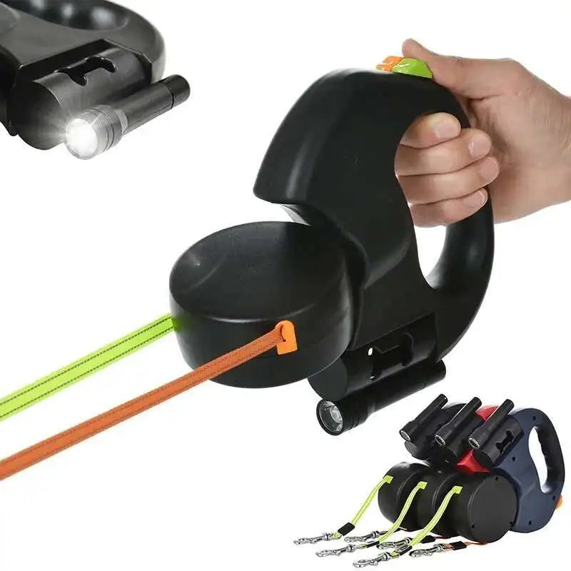 3M dual retractable dog leash with LED flashlight and built-in dog poop bags holder, ideal for walking two dogs with 360° tangle-free control.