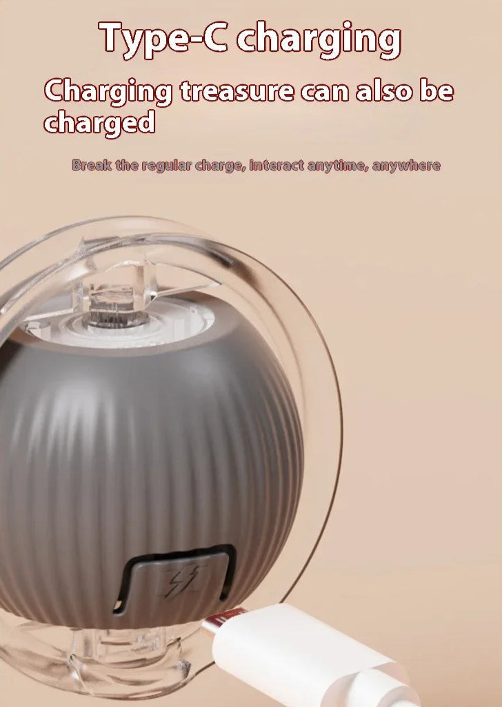 Rechargeable interactive rolling ball for cats and dogs with smart motion, quiet operation, and simulated tail for indoor pet play.