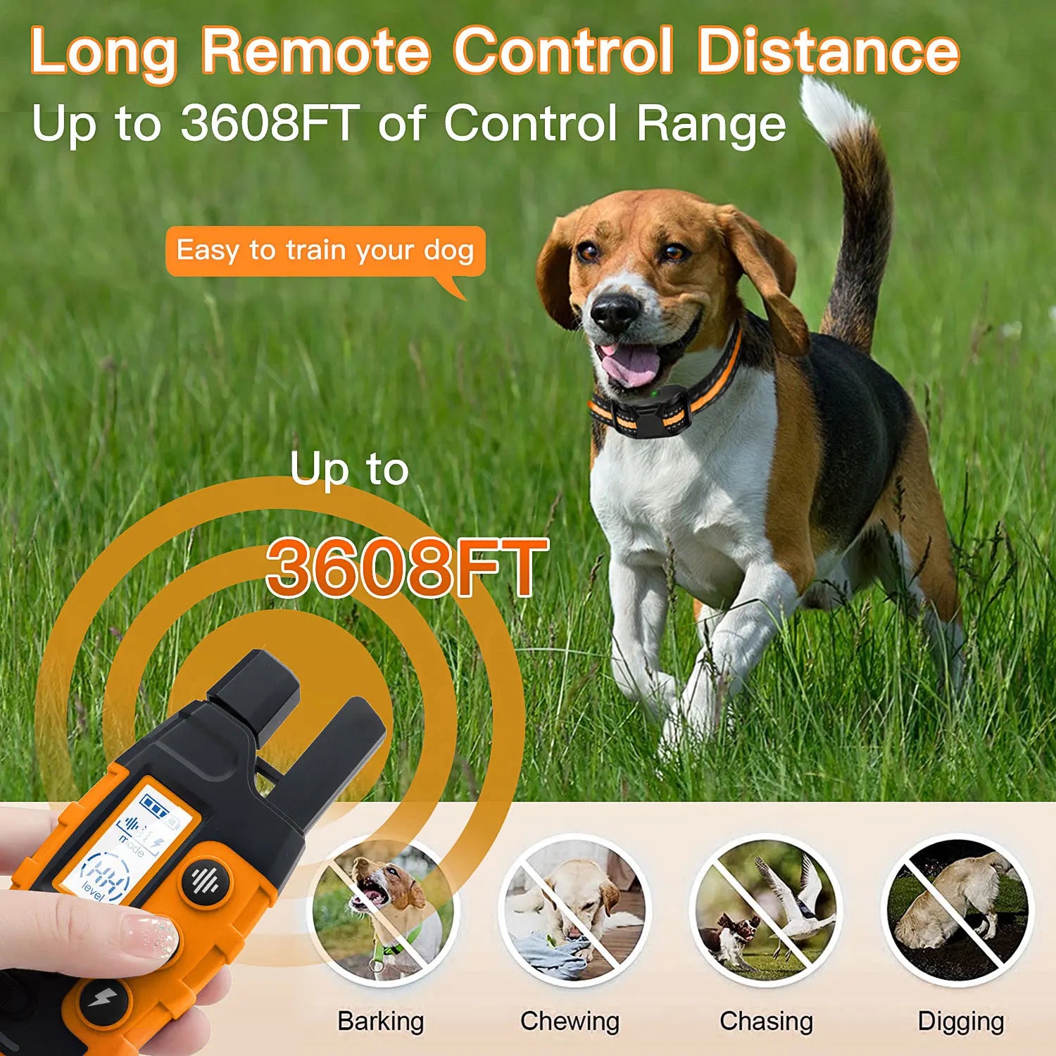 3300FT waterproof rechargeable dog training collar with remote, featuring beep, vibration, and shock modes for small, medium, and large dogs.