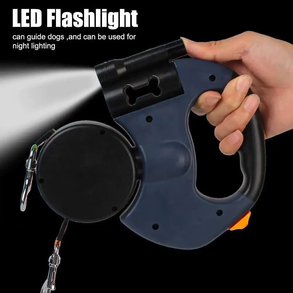 3M dual retractable dog leash with LED flashlight and built-in dog poop bags holder, ideal for walking two dogs with 360° tangle-free control.