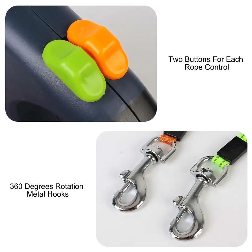 3M Dual Retractable Dog Leash with LED Flashlight & Waste Bag Holder – 360° Tangle-Free Control