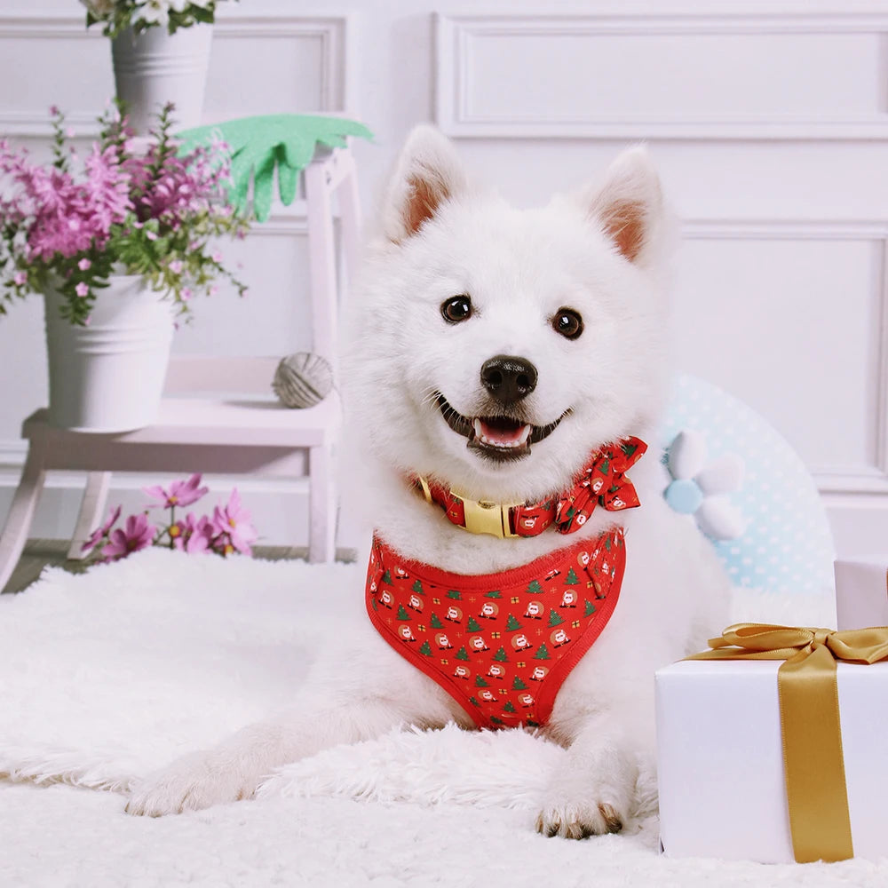 Christmas Dog Walking Set – Breathable Festive Harness, Collar & Leash
