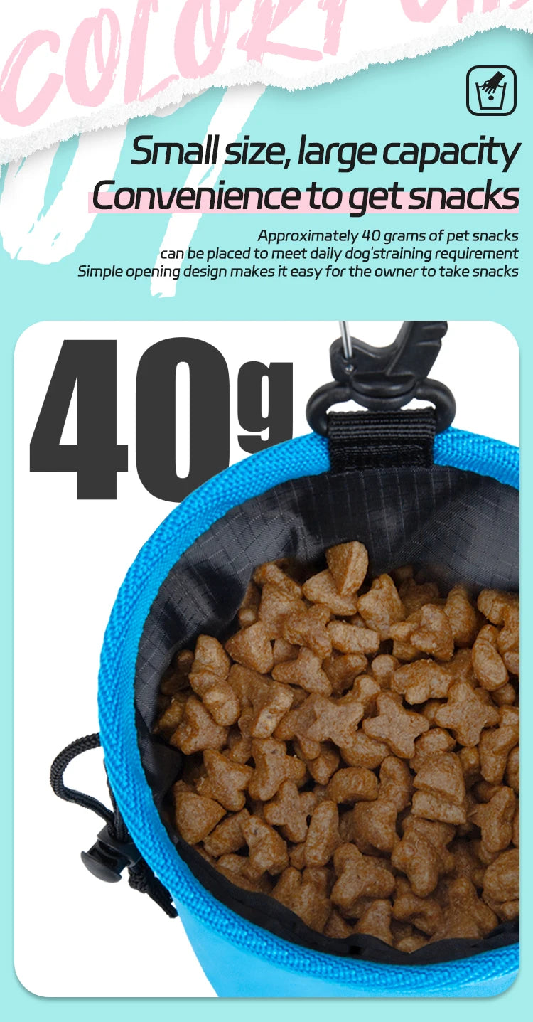 Outdoor Portable Dog Training Snack Bag for miniature breeds with clip-on design, quick-access treat pouch, and leash attachment.