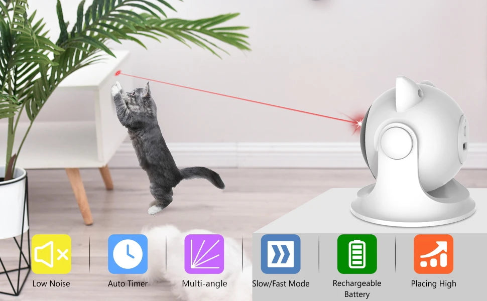 Automatic rechargeable interactive cat laser toy with 3 speeds, adjustable angles, and USB charging – ideal for cats and small dogs.