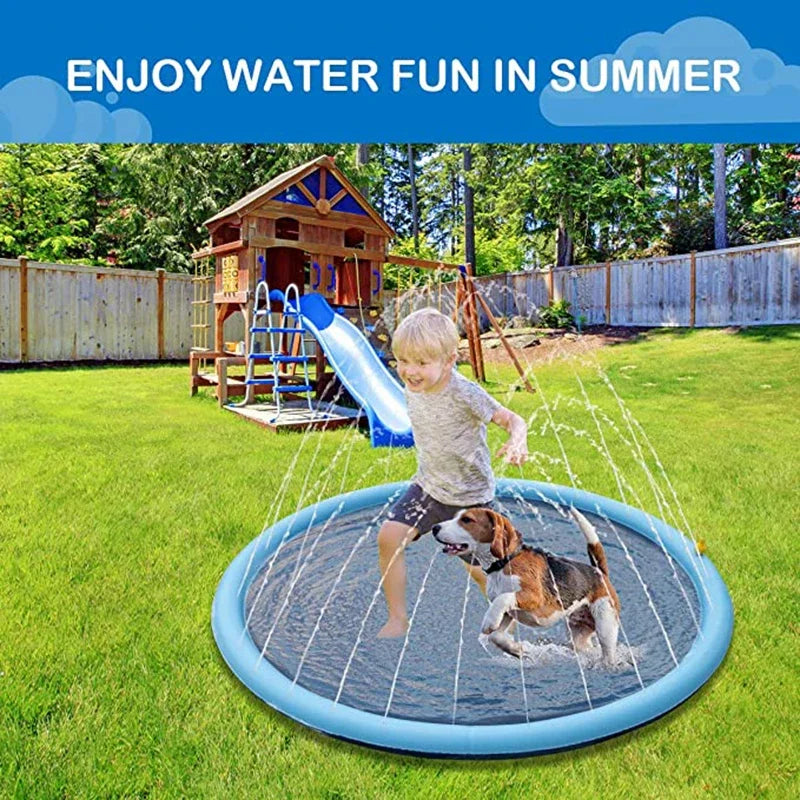 Golden retriever playing on an inflatable doggy splash pad in a backyard