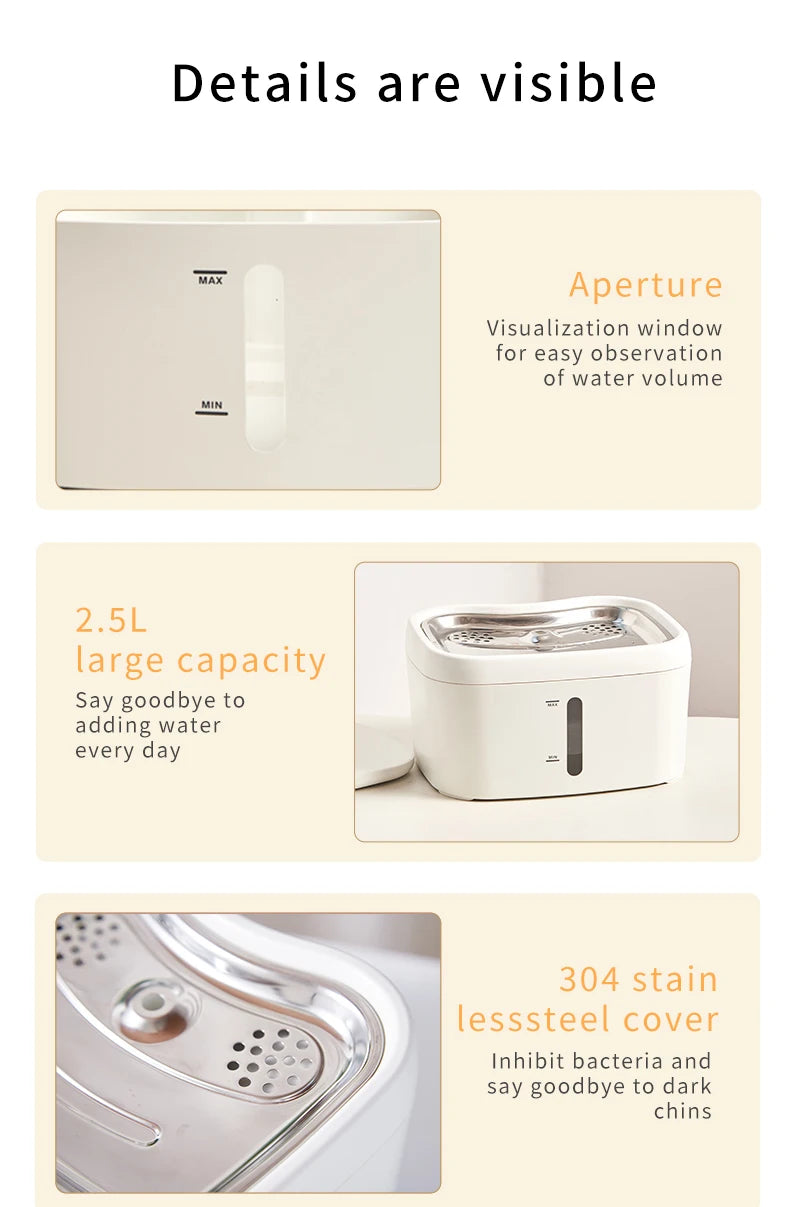 2.5L Wireless Pet Water Fountain with Dual Sensor and Long-Lasting Battery
