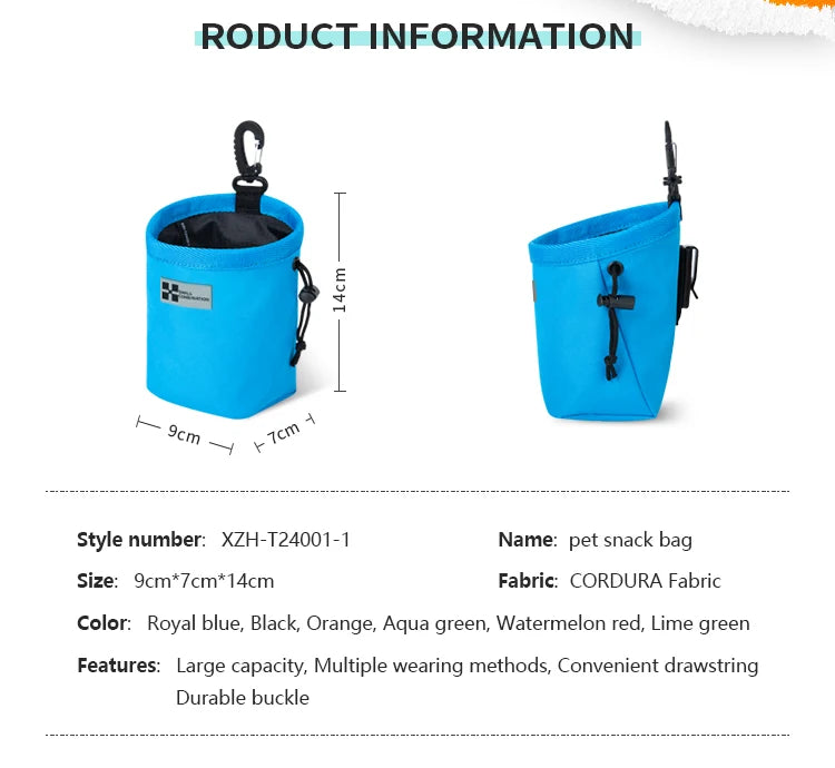 Outdoor Portable Dog Training Snack Bag for miniature breeds with clip-on design, quick-access treat pouch, and leash attachment.
