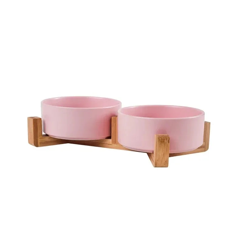Ceramic Pet Bowl with Wooden Stand – Stylish, Non-Slip, & Easy to Clean