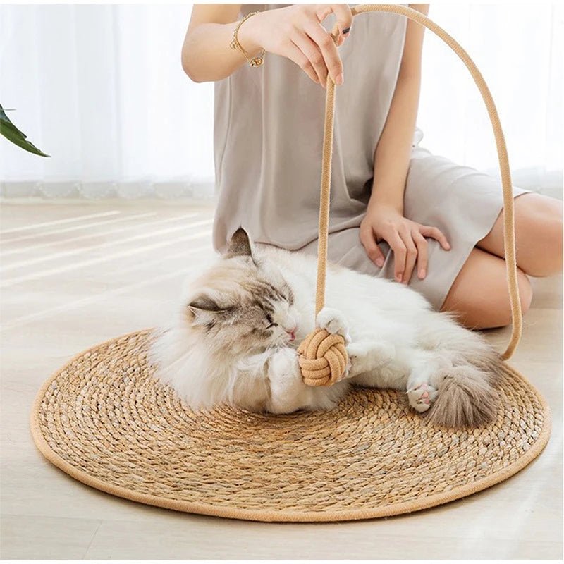 Round Rattan Cat Scratch Mat – Natural Woven Pad with Optional Teaser Ball