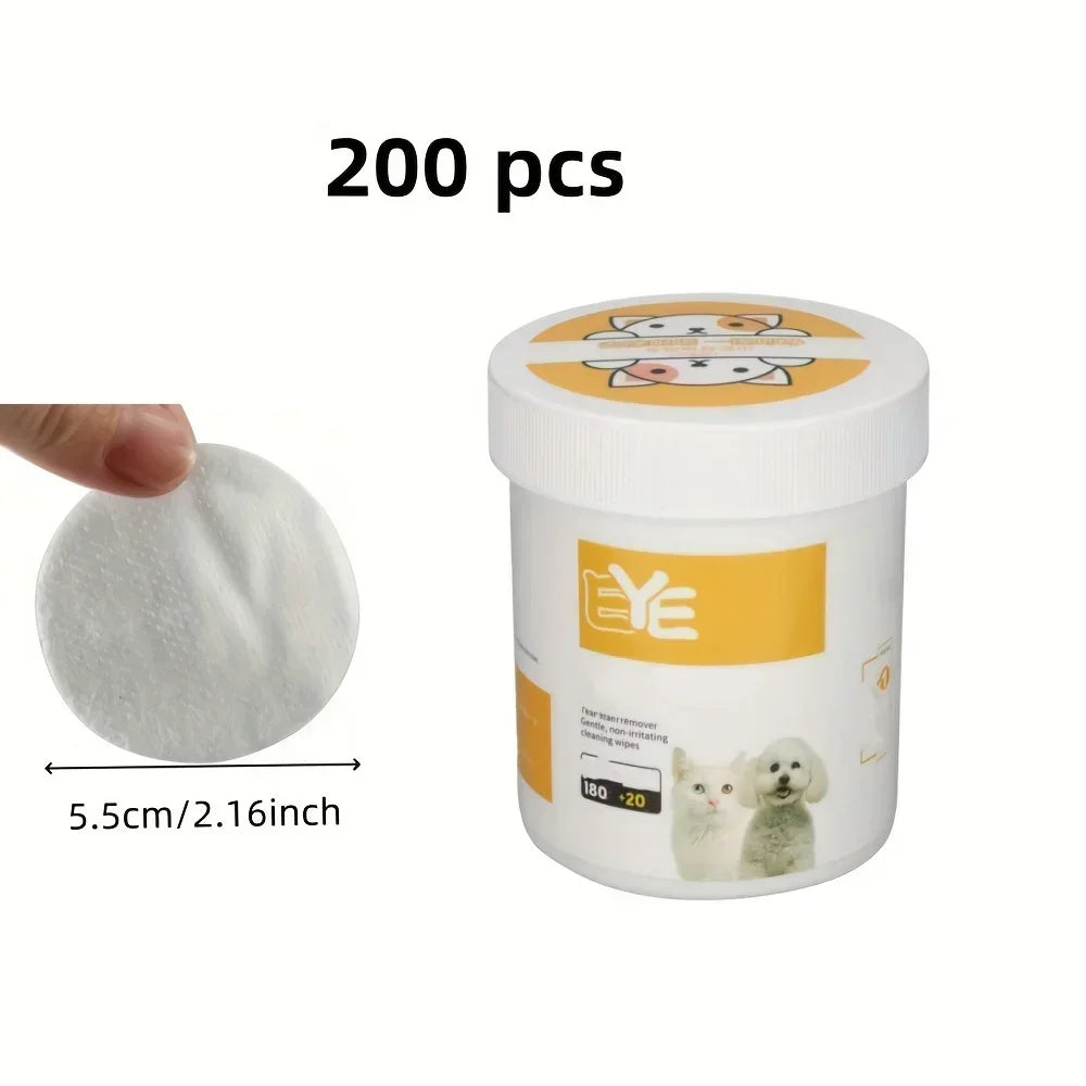 200pcs pet eye cleaning wipes in a resealable pack, designed to gently clean tear stains and eye discharge for dogs, cats, and puppies.
