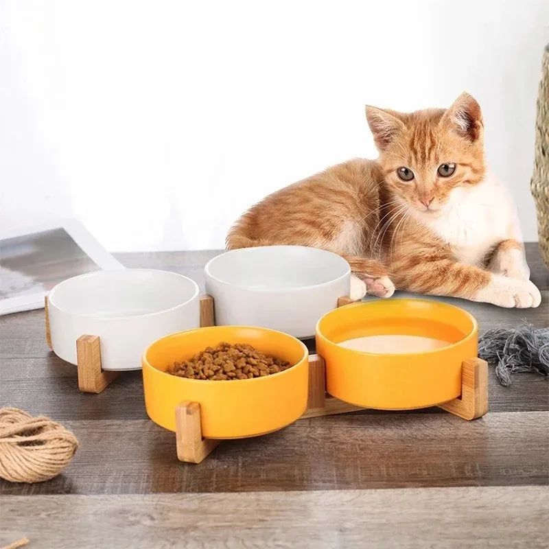 Ceramic Pet Bowl with Wooden Stand – Stylish, Non-Slip, & Easy to Clean