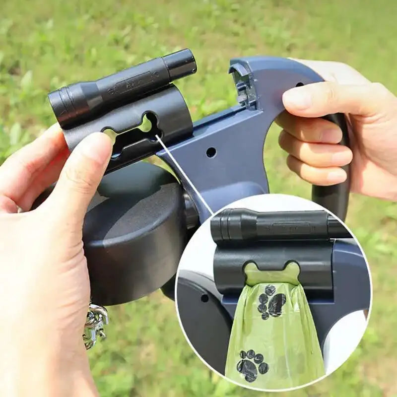 3M Dual Retractable Dog Leash with LED Flashlight & Waste Bag Holder – 360° Tangle-Free Control