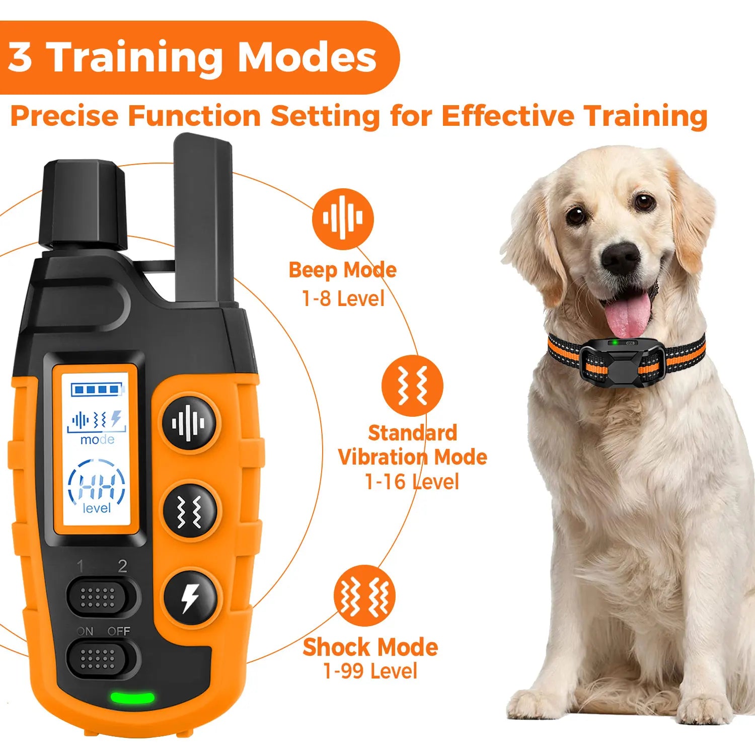 3300FT waterproof rechargeable dog training collar with remote, featuring beep, vibration, and shock modes for small, medium, and large dogs.