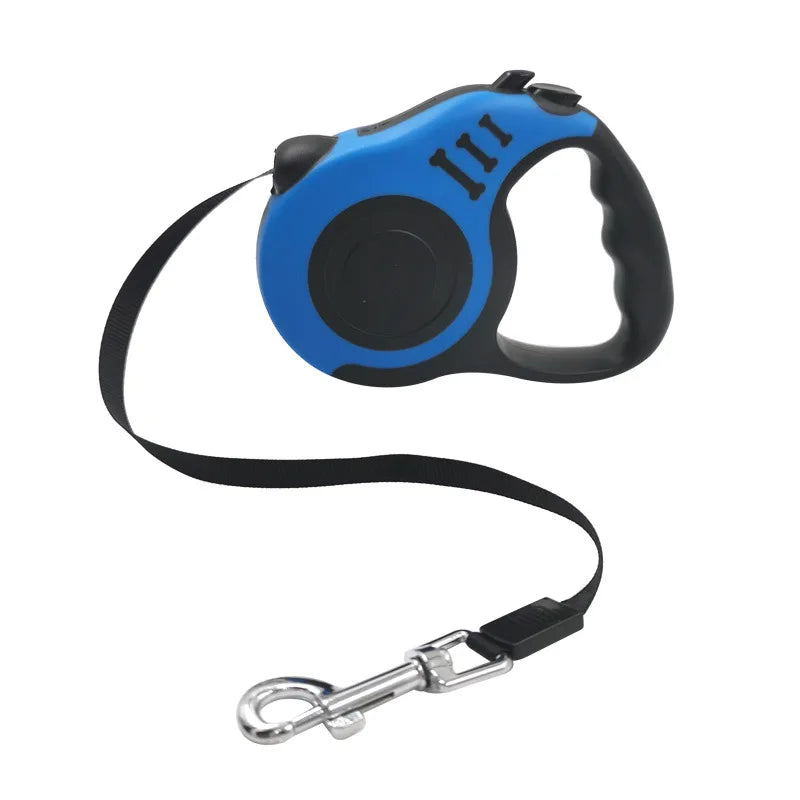 Retractable flexi dog leash in black with anti-slip handle and 3M or 5M nylon cord, designed for dogs of all sizes.
