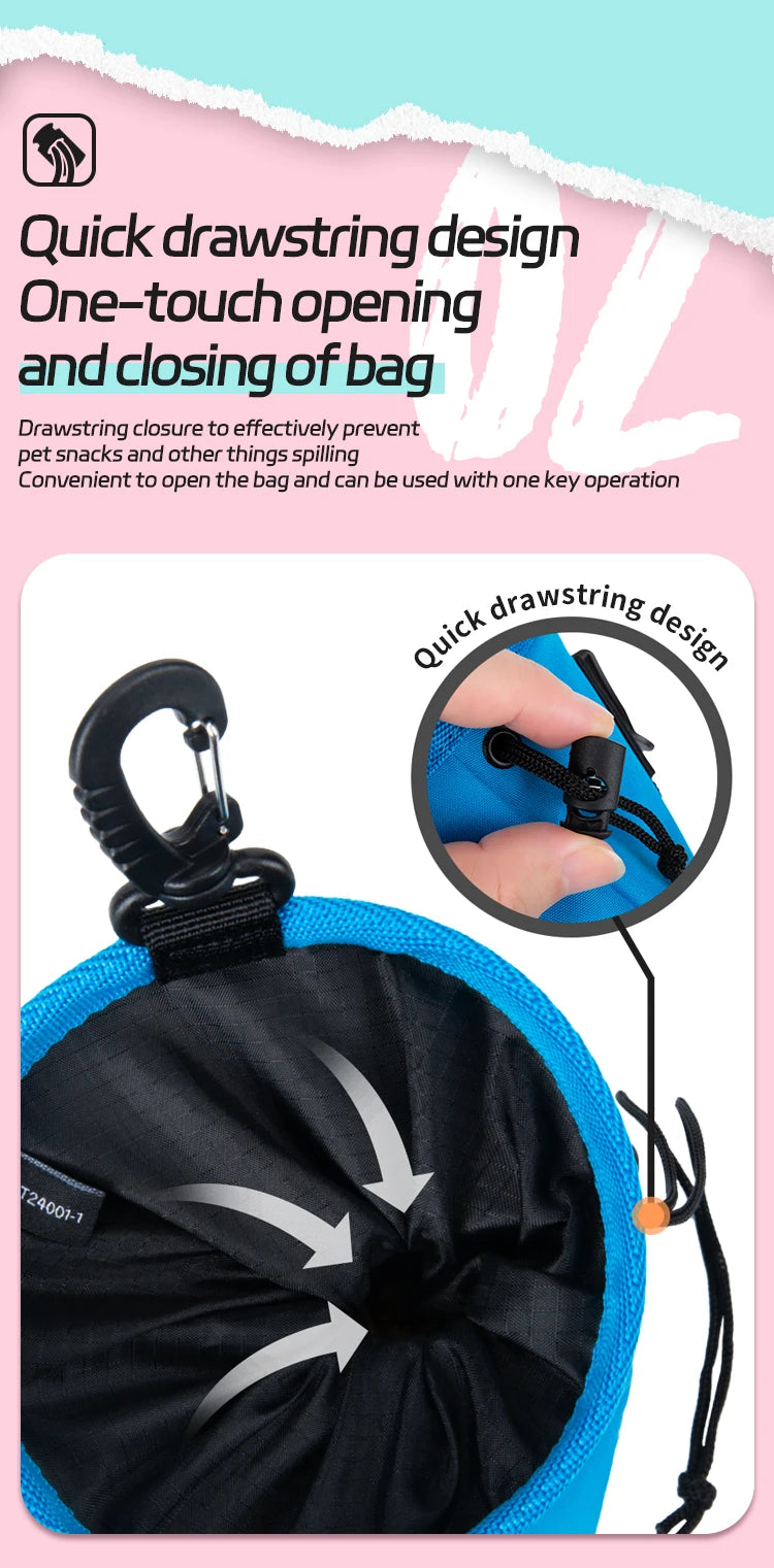 Outdoor Portable Dog Training Snack Bag for miniature breeds with clip-on design, quick-access treat pouch, and leash attachment.