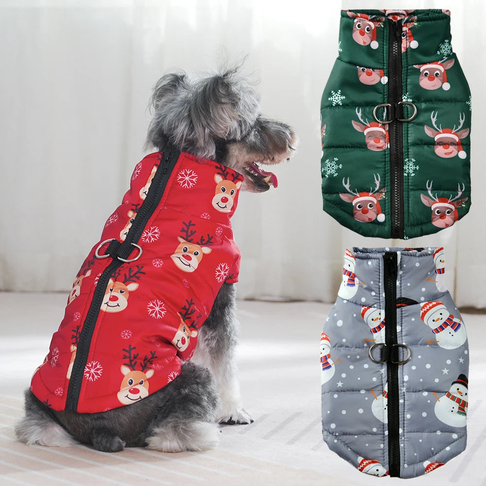 Christmas Dog Jacket with Zipper & D-Ring – Warm, Windproof & Stylish
