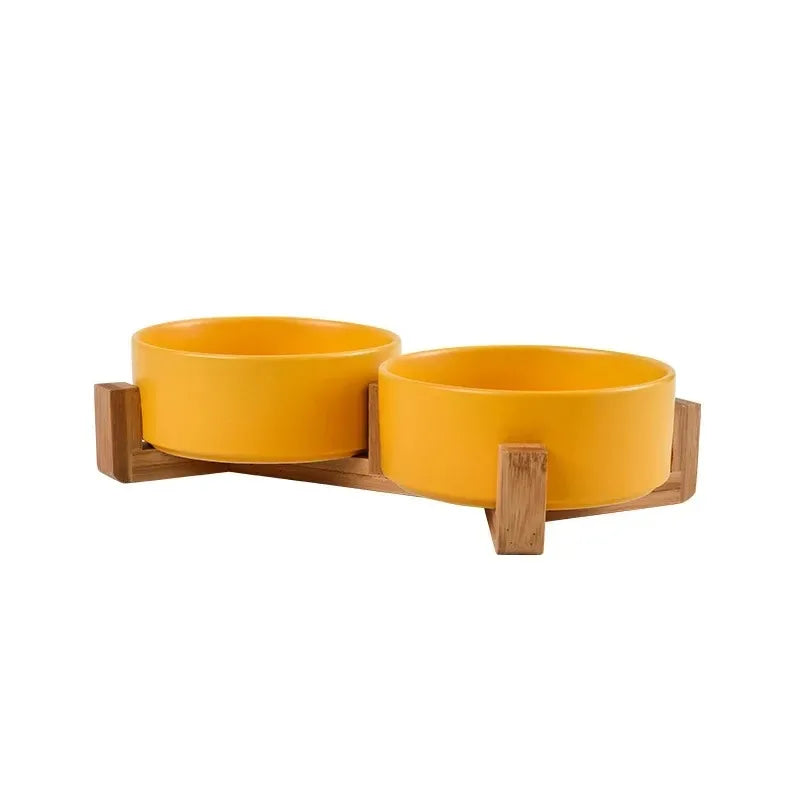 Ceramic Pet Bowl with Wooden Stand – Stylish, Non-Slip, & Easy to Clean