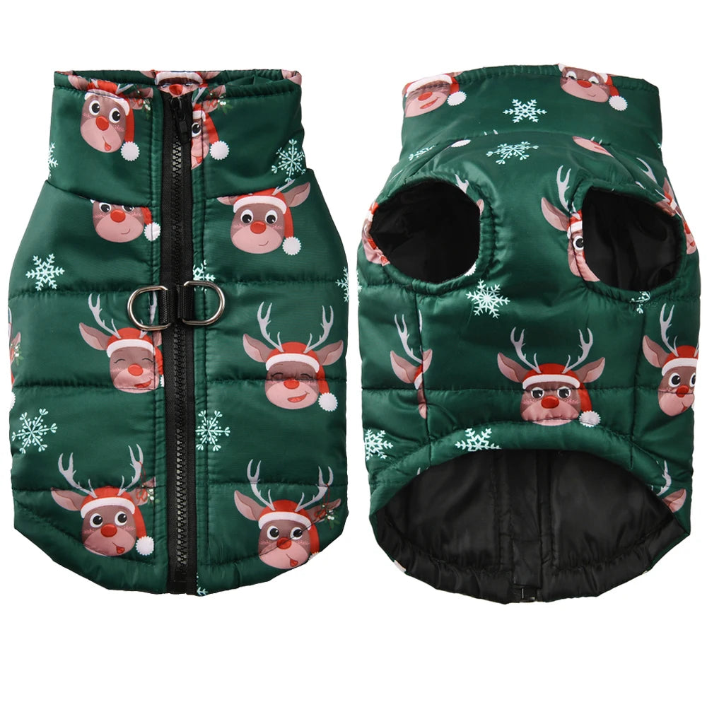 Christmas Dog Jacket with Zipper & D-Ring – Warm, Windproof & Stylish