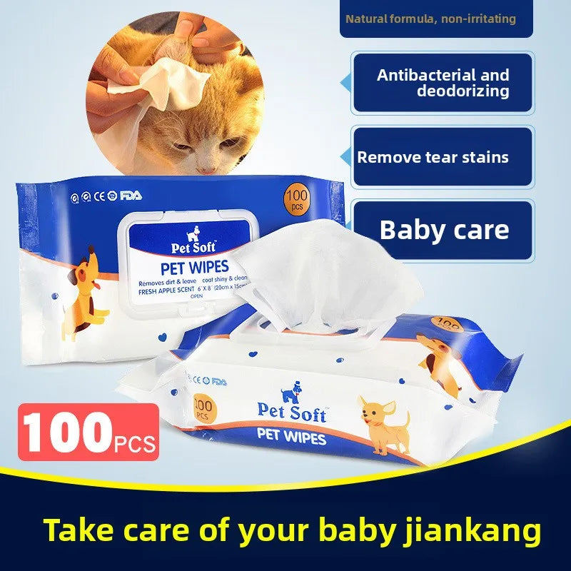Pack of 100 pet wipes for dogs and cats, designed to gently clean bottoms, paws, and fur, with odor elimination and hypoallergenic formula.