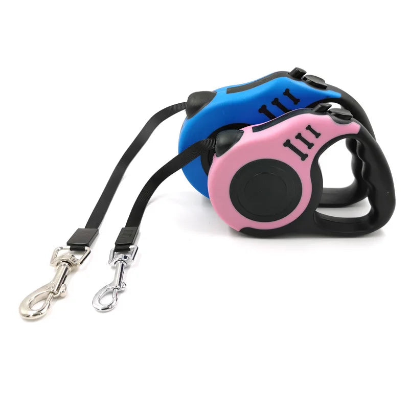 Retractable flexi dog leash in black with anti-slip handle and 3M or 5M nylon cord, designed for dogs of all sizes.