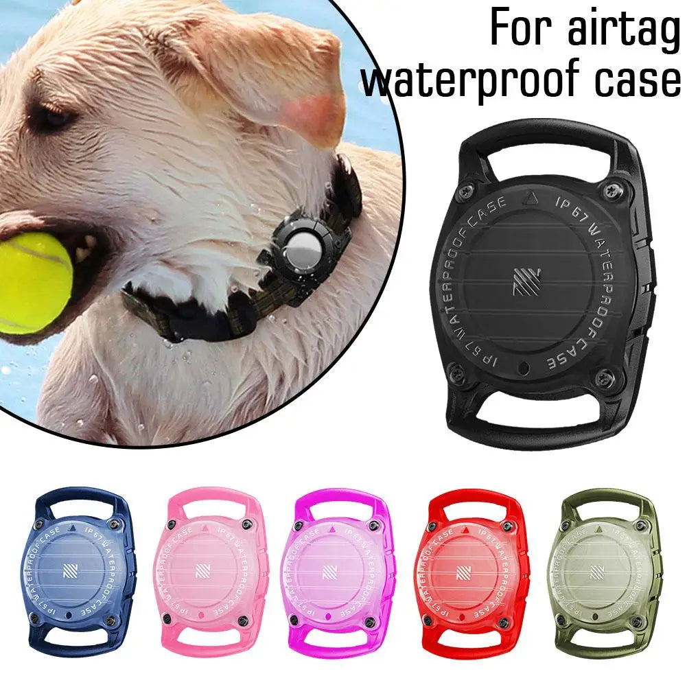 IP67 Waterproof Protective AirTag Case attached to a pet collar for GPS tracking