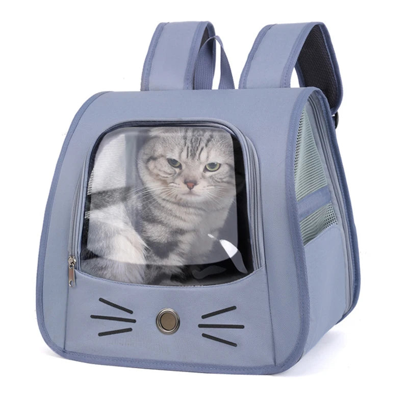 Transparent portable travel backpack for cats and small dogs, breathable shoulder carrier with mesh sides and front window for pet travel comfort.