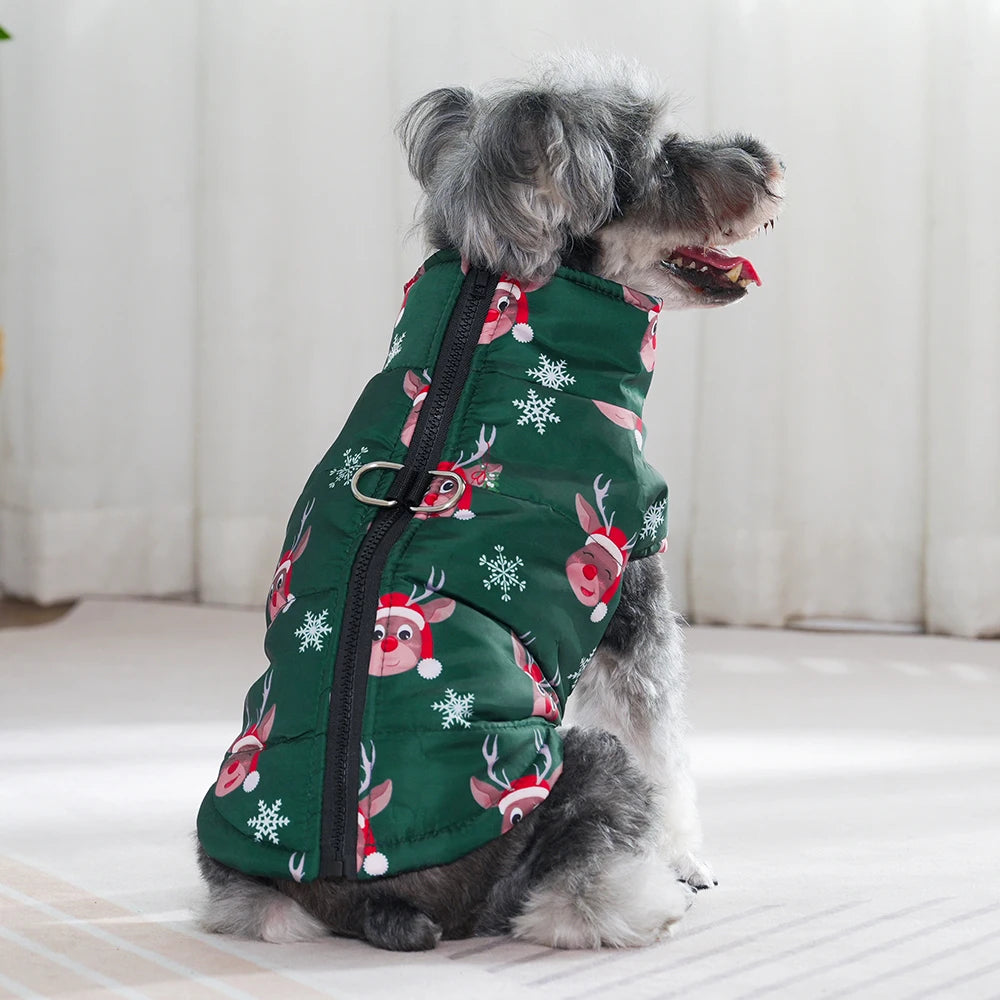 Christmas Dog Jacket with Zipper & D-Ring – Warm, Windproof & Stylish