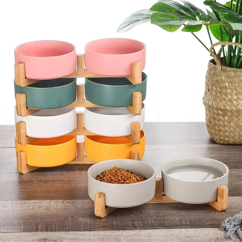 Ceramic Pet Bowl with Wooden Stand – Stylish, Non-Slip, & Easy to Clean