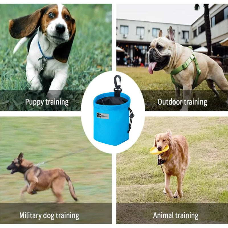 Outdoor Portable Dog Training Snack Bag for miniature breeds with clip-on design, quick-access treat pouch, and leash attachment.